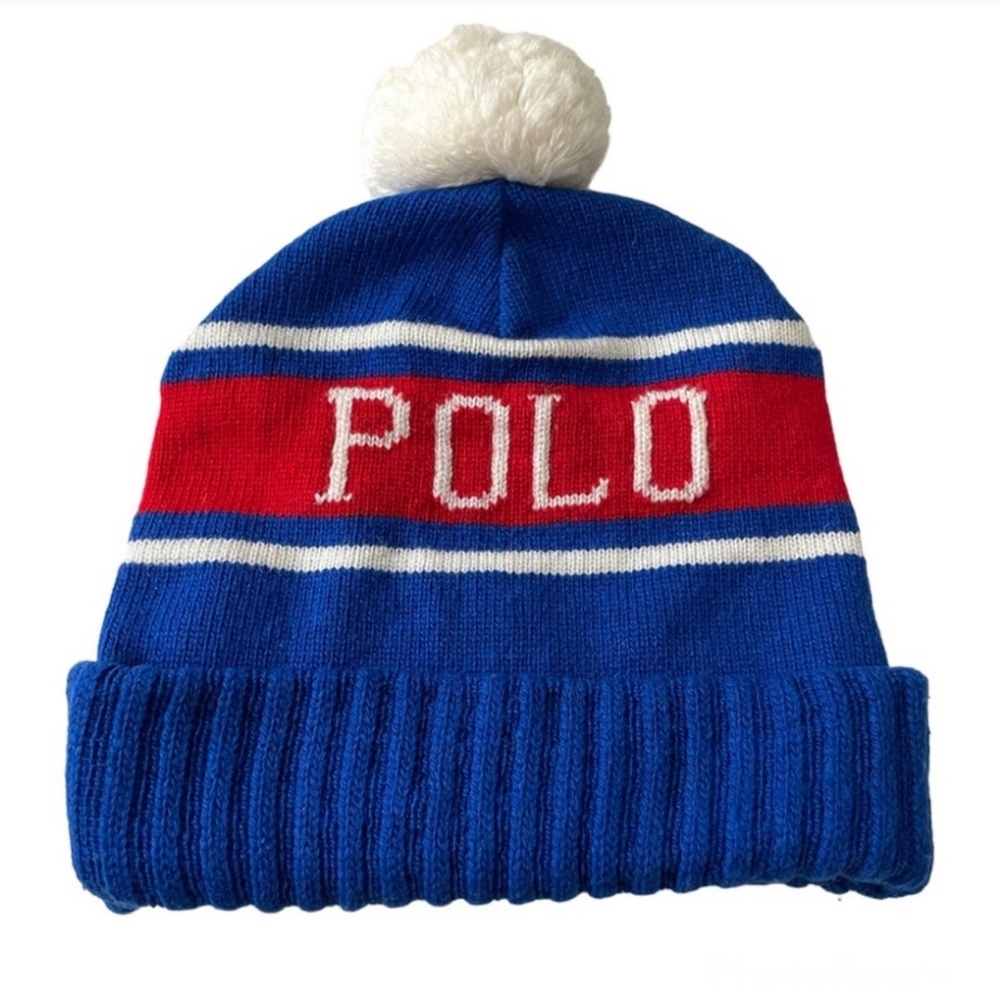 Polo Ralph Lauren Hat Knit Wool Blend Red Blue Pom Pom Beanie USA Print Out